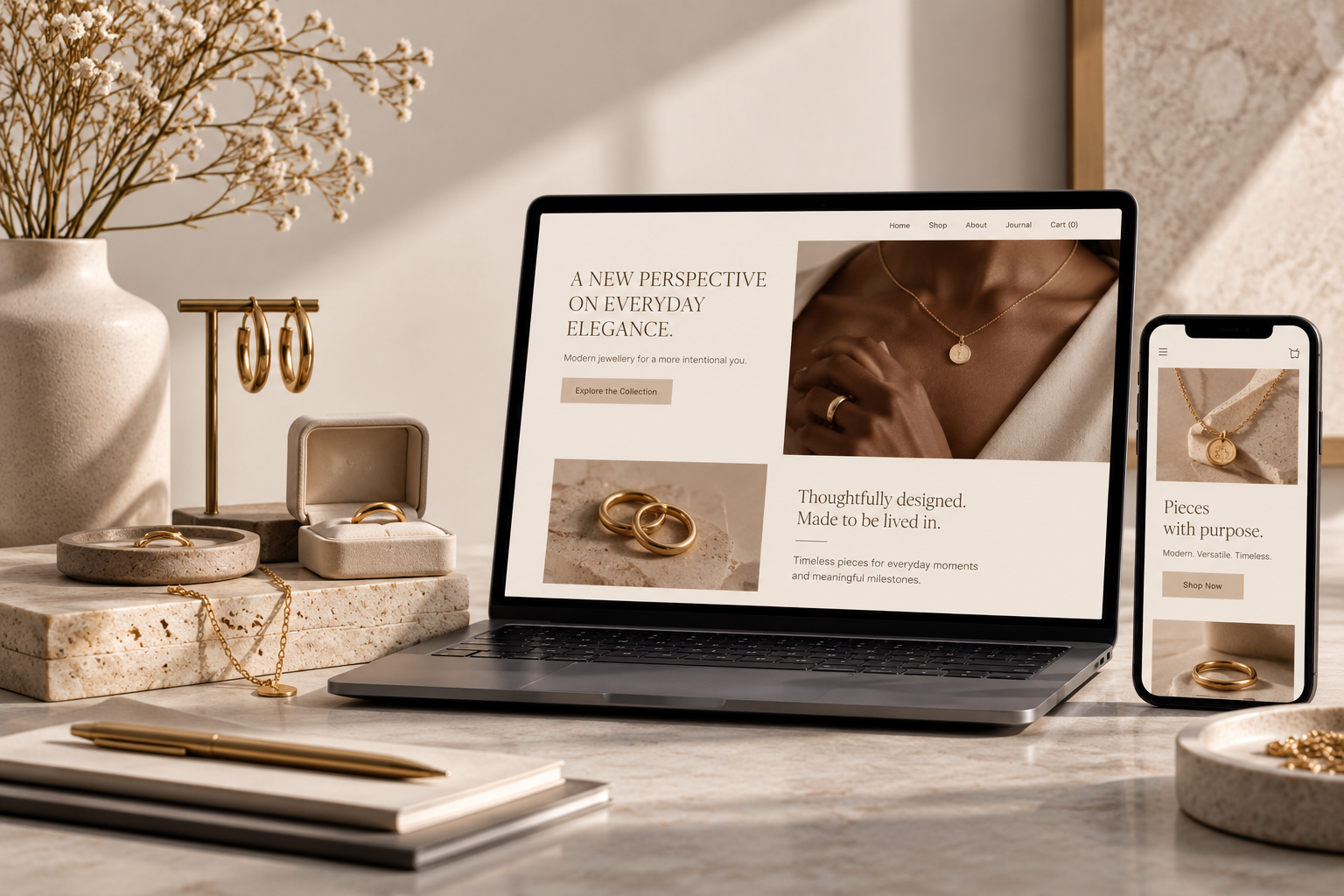 Premium jewellery brand website shown on a laptop and phone, surrounded by gold jewellery, a ceramic vase and warm neutral styling