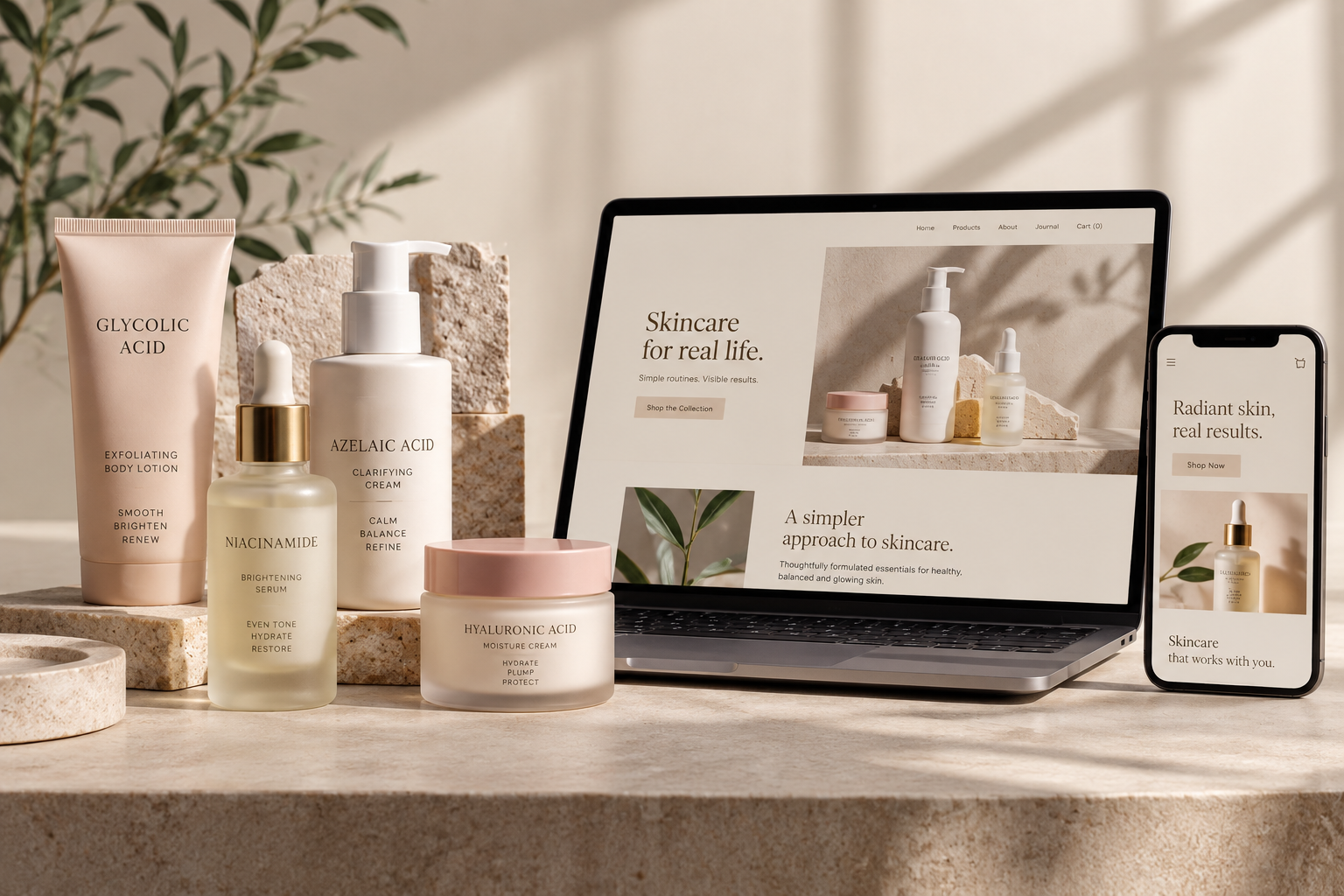 Skincare brand website and products displayed on a laptop and phone in a light cream and blush setting